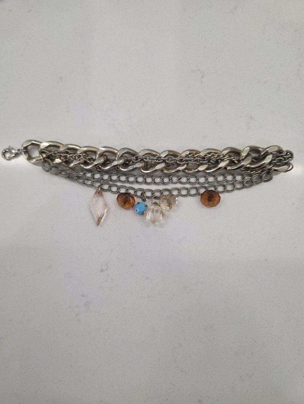 Multi-Chain Bronze Bracelet with Amber and Turquoise Charms 7" Length